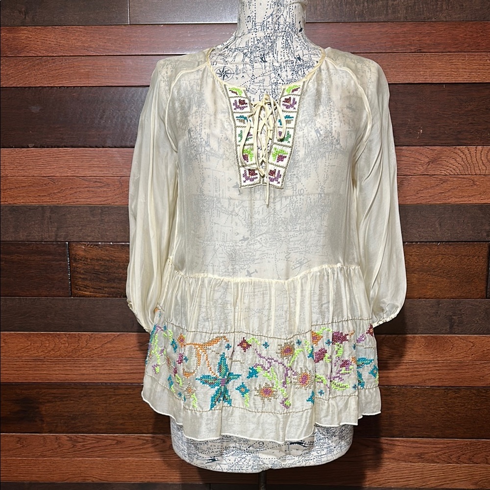 John Mark Golden Cream Cross Stiched Boho Peasant Sheer Blouse